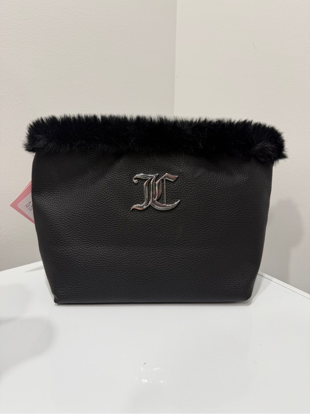 Juicy Couture Black Faux Fur Trim Cosmetic Pouch with Silver JC Logo